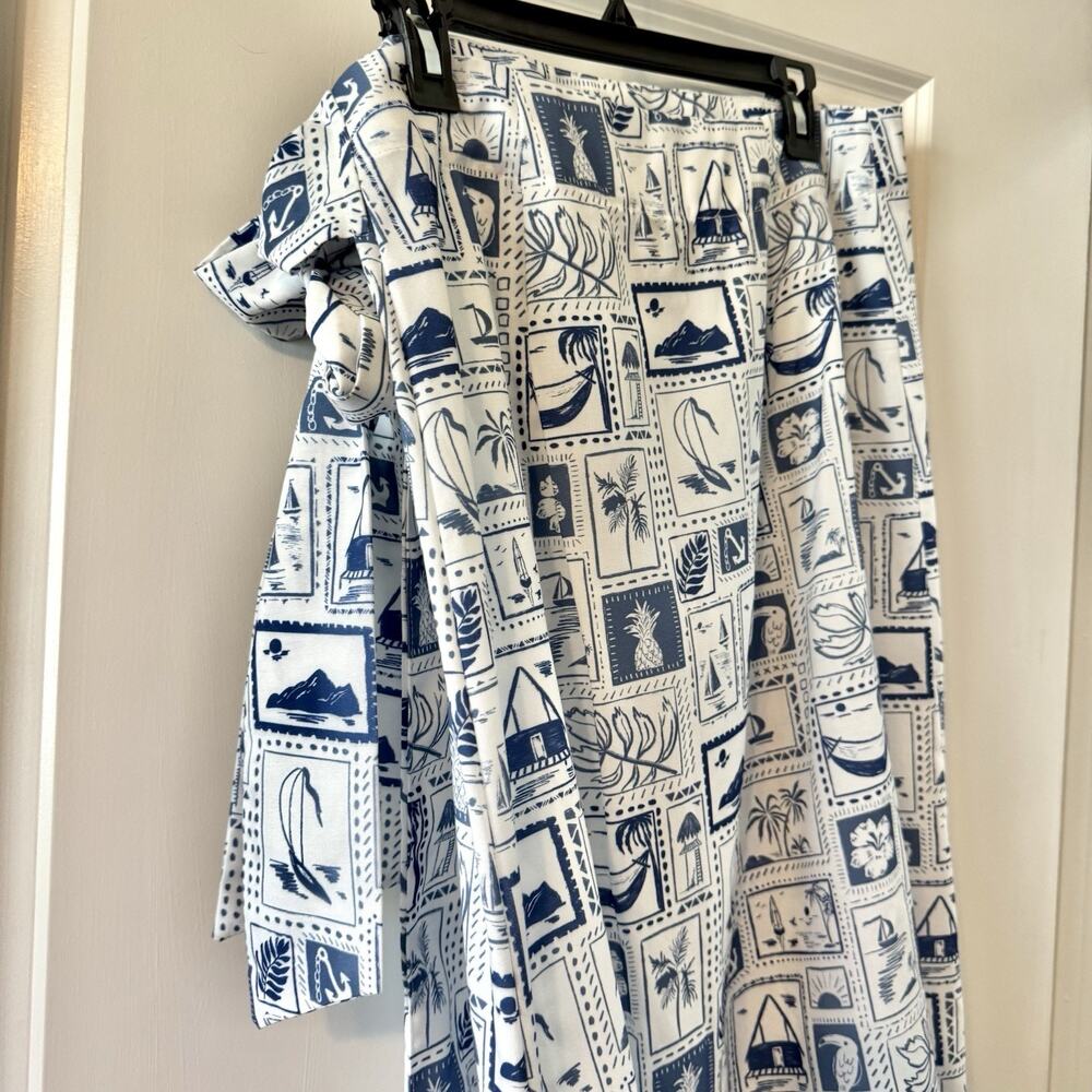 MABLE Womens Medium Wrap Midi Skirt Blue White Tropical Nautical Beach Vacation - Picture 9 of 15